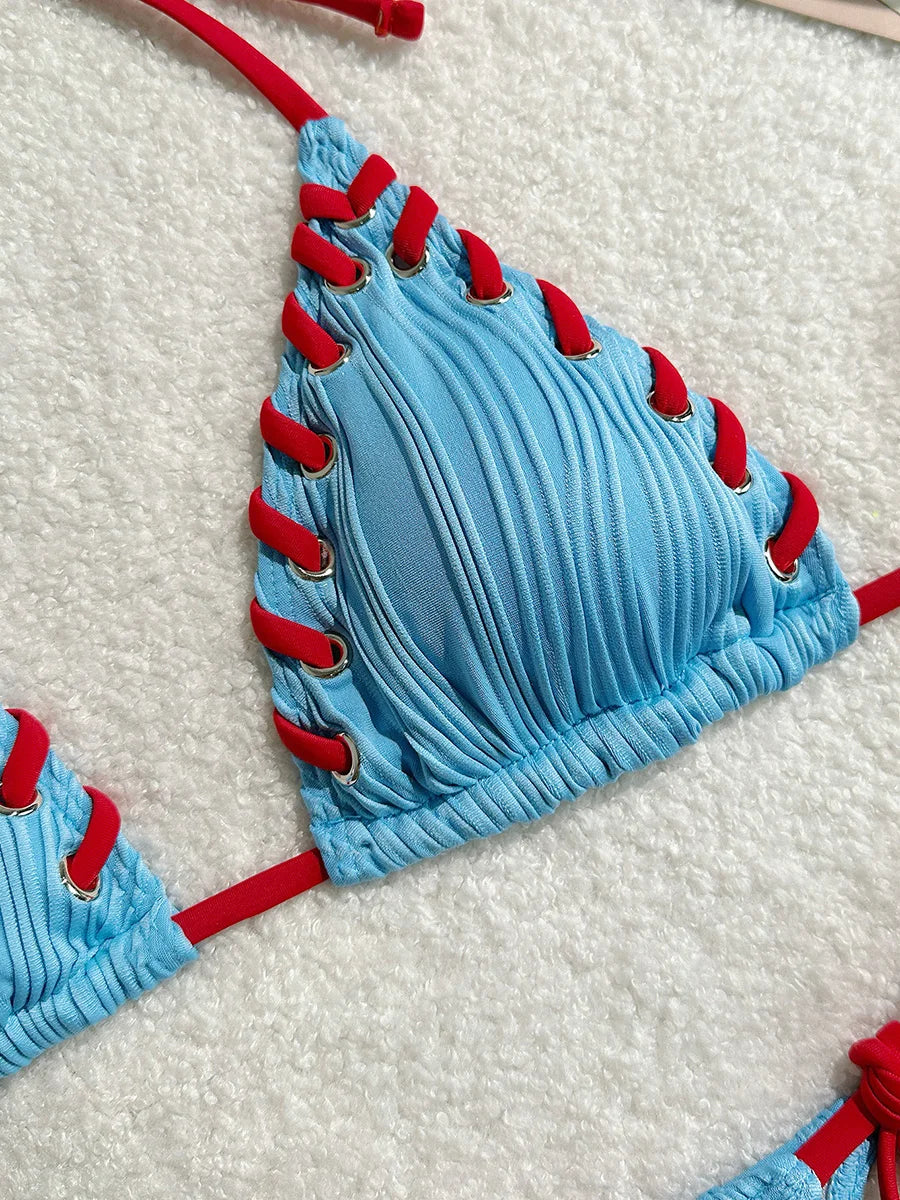 2025 Halter Wrinkled Weaved Bikini Women Swimwear Female Swimsuit Two Pieces Bikini Set Brazilian Bathing Suit Swim Beach Wear