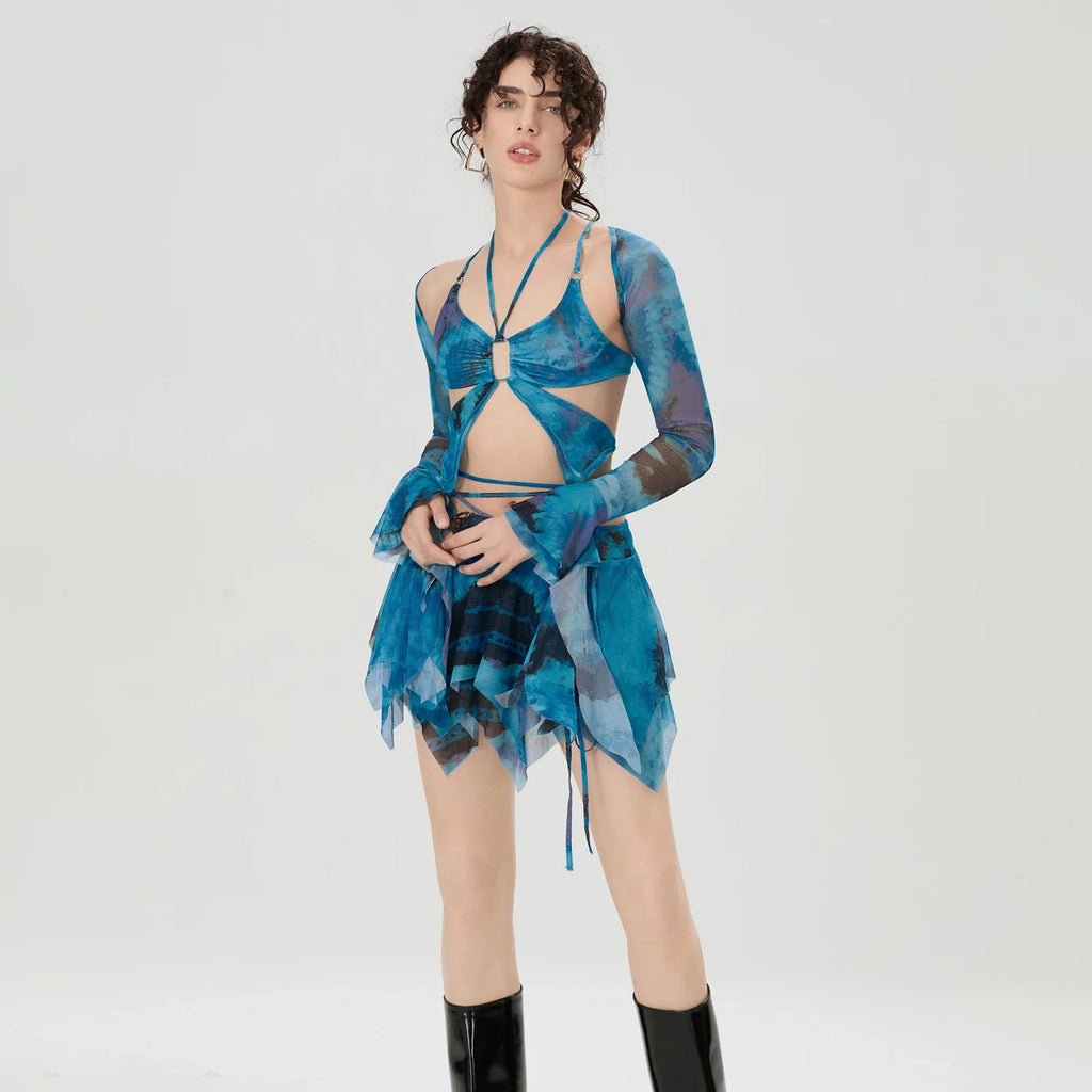 Women 3 Piece Sets Long Sleeve Shrug + Halter Tank Top + Irregular Pleated Skirts Y2K Aesthetic Gothic Sexy Streetwear