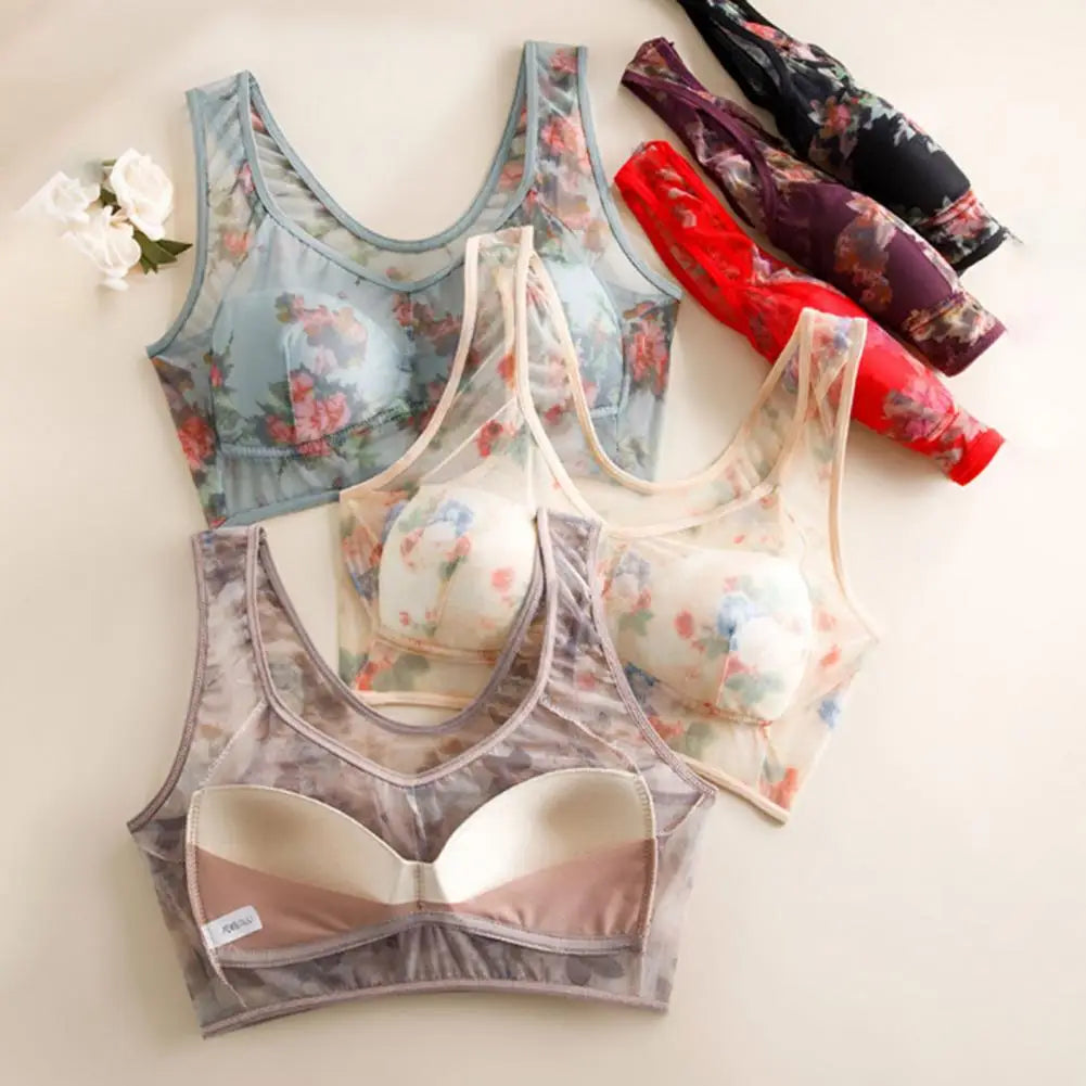 Women Bra Mesh Thin Floral Print Mid-aged Wide Shoulder Strap Wireless Anti-snagging Push Up Seamless Mother Bra