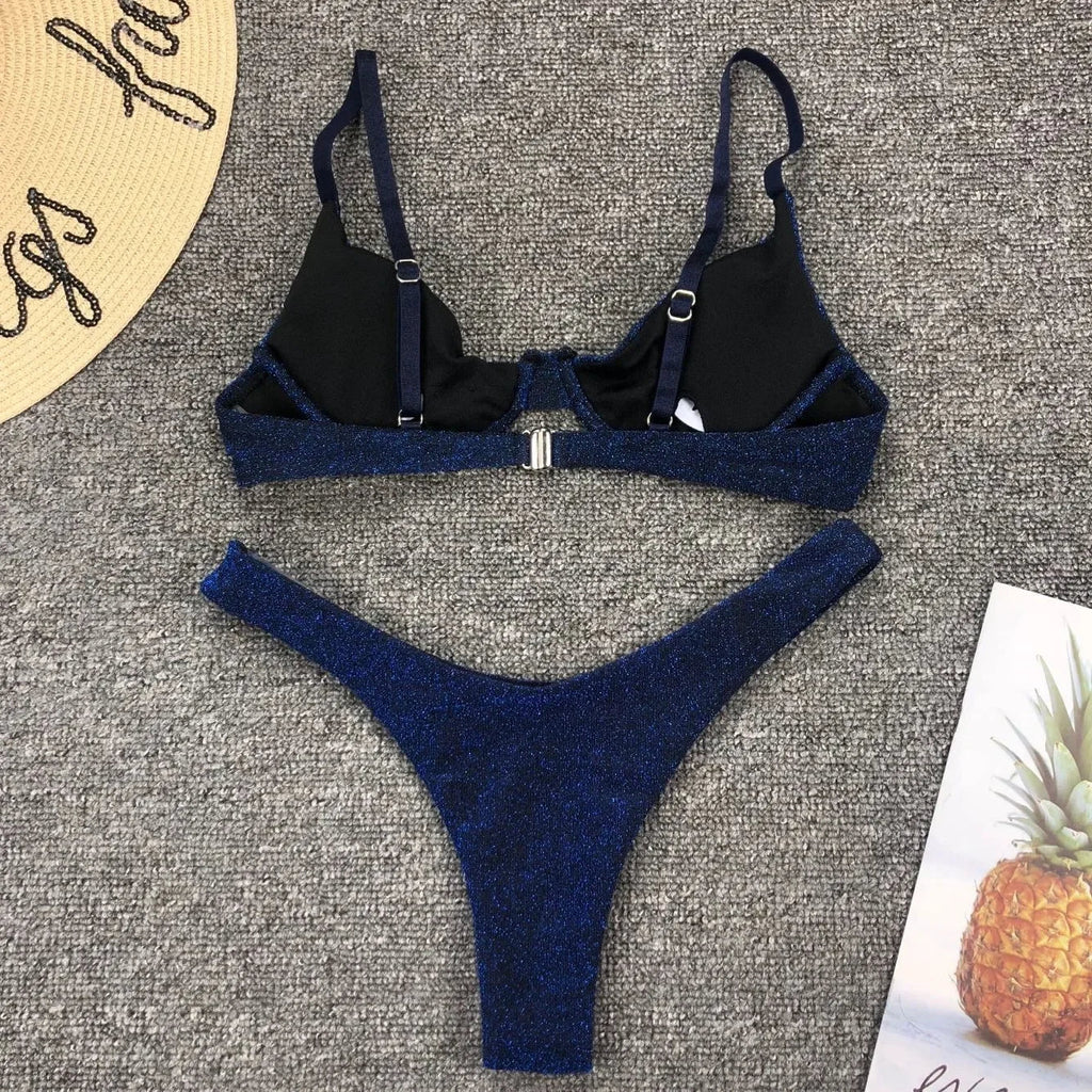 Sexy Silver Glitter Bikini 2026 Swimwear Women Push Up Cut Out Underwire Thong Swimsuit Summer Brazilian Bathing Suit Biquini