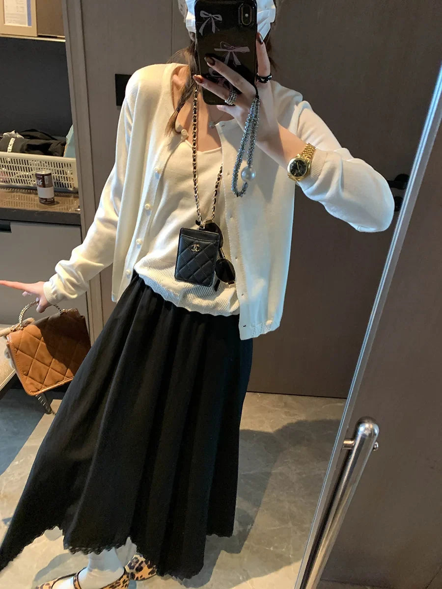 Spliced Lace Elastic High-waisted Slimming Skirt White Lace Trim Skirt Elastic Waist Casual Summer Style Skirt For Women 6S7Q