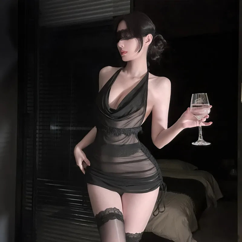 Lace Mesh Sexy Pure Desire Style With Halter Neck Dress Solid Color Backless Deep V Suspenders Sleeveless Transparent Dress GSG8