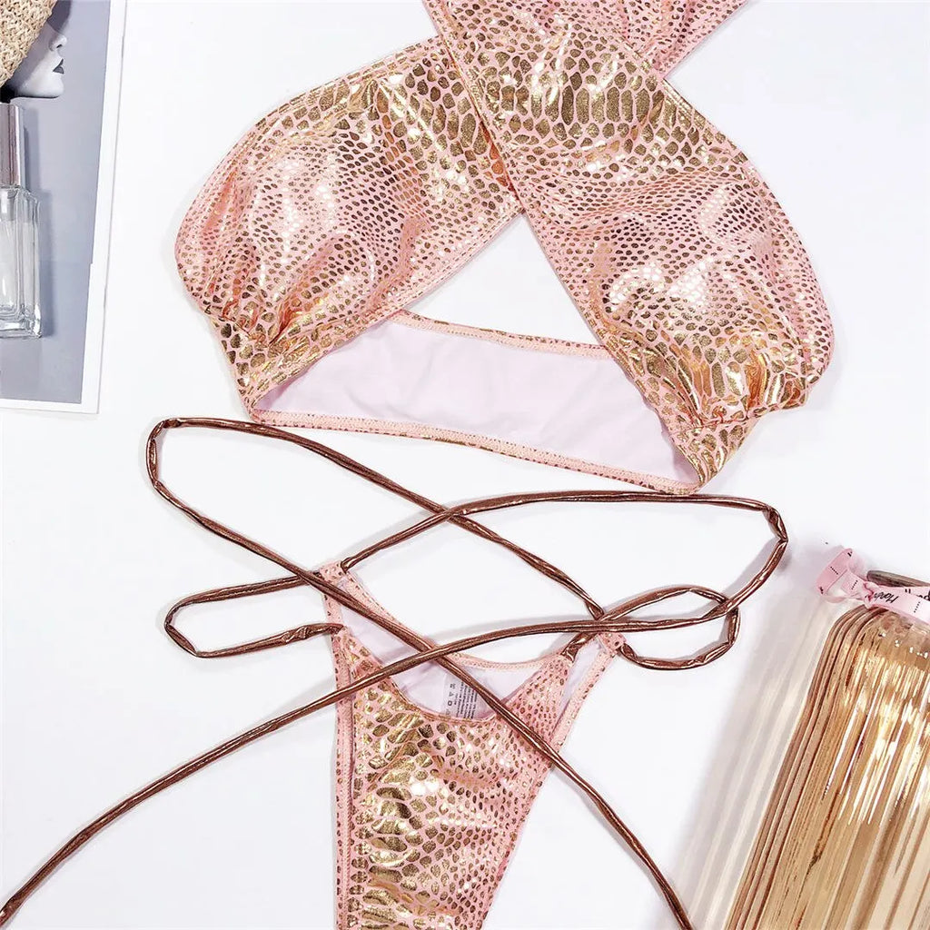2026 Shiny Halter Thong Bikini Women Swimwear Female Swimsuit Two-Pieces Bikini Set Wrap Around Bather Bathing Suit Swim V2089