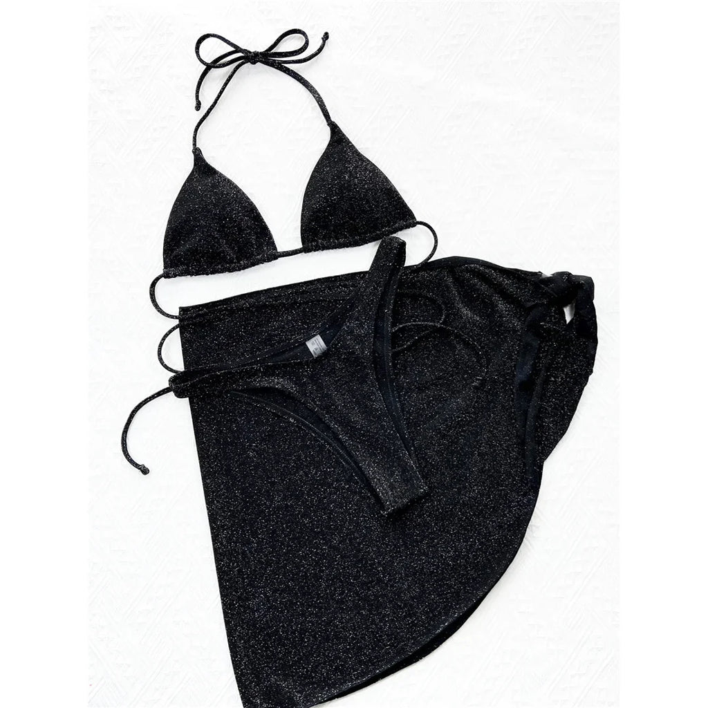 Glitter Sparkling Wrap Around Bikini Women Swimwear Female Swimsuit Three-piece Bikini set Sarong Bather Bathing Suit Swim V3679
