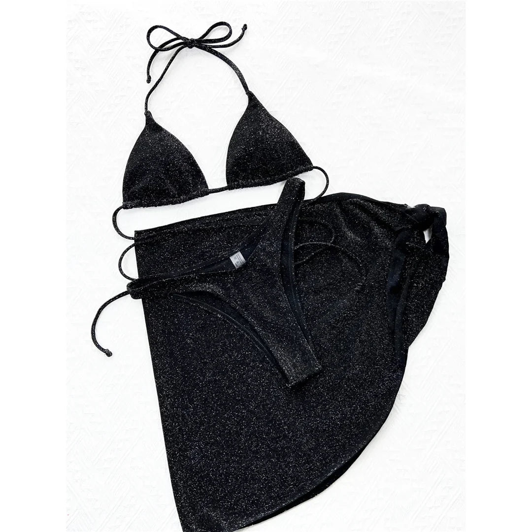 Glitter Sparkling Wrap Around Bikini Women Swimwear Female Swimsuit Three-piece Bikini set Sarong Bather Bathing Suit Swim V3679