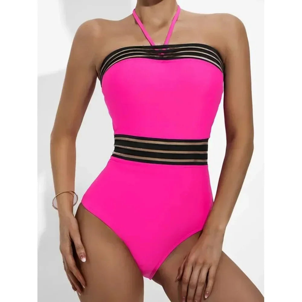 Sexy One Piece Swimsuit Swimwear Women Hollow Mesh Patchwork Halter High Waist Beachwear Bathing Suit 2026 Maillot De Bain Femme