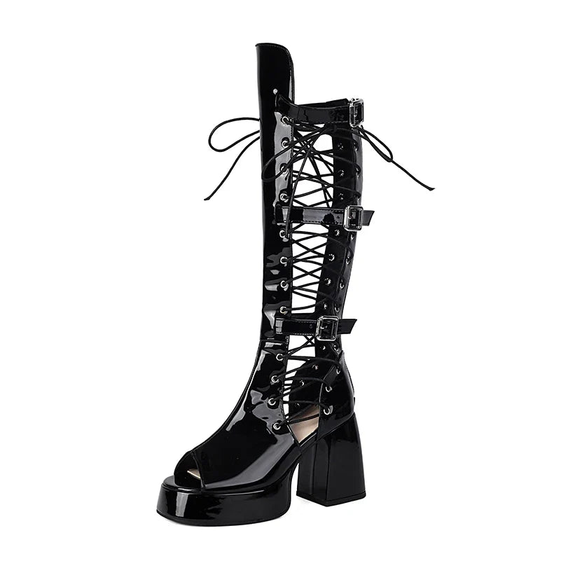 Plus Size Women Black Patent Matte Leather Lace Up Knee High Boots Peep Toe Platform Block Heel Back Zip Gothic Y2K Party Heels