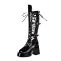 Plus Size Women Black Patent Matte Leather Lace Up Knee High Boots Peep Toe Platform Block Heel Back Zip Gothic Y2K Party Heels