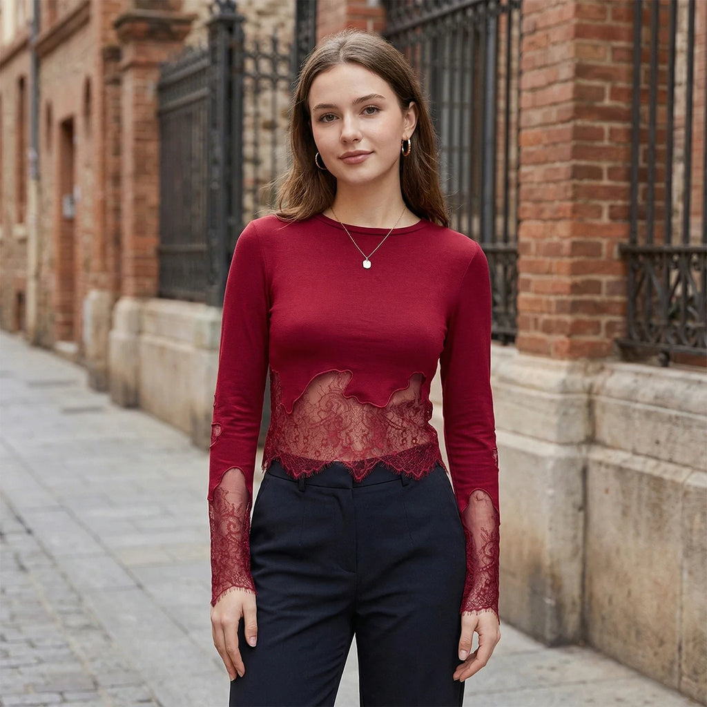 Women's Spring Summer Round Neck Tops Solid Color Long Sleeve Slim Fit Party Lace Patchwork T-shirts
