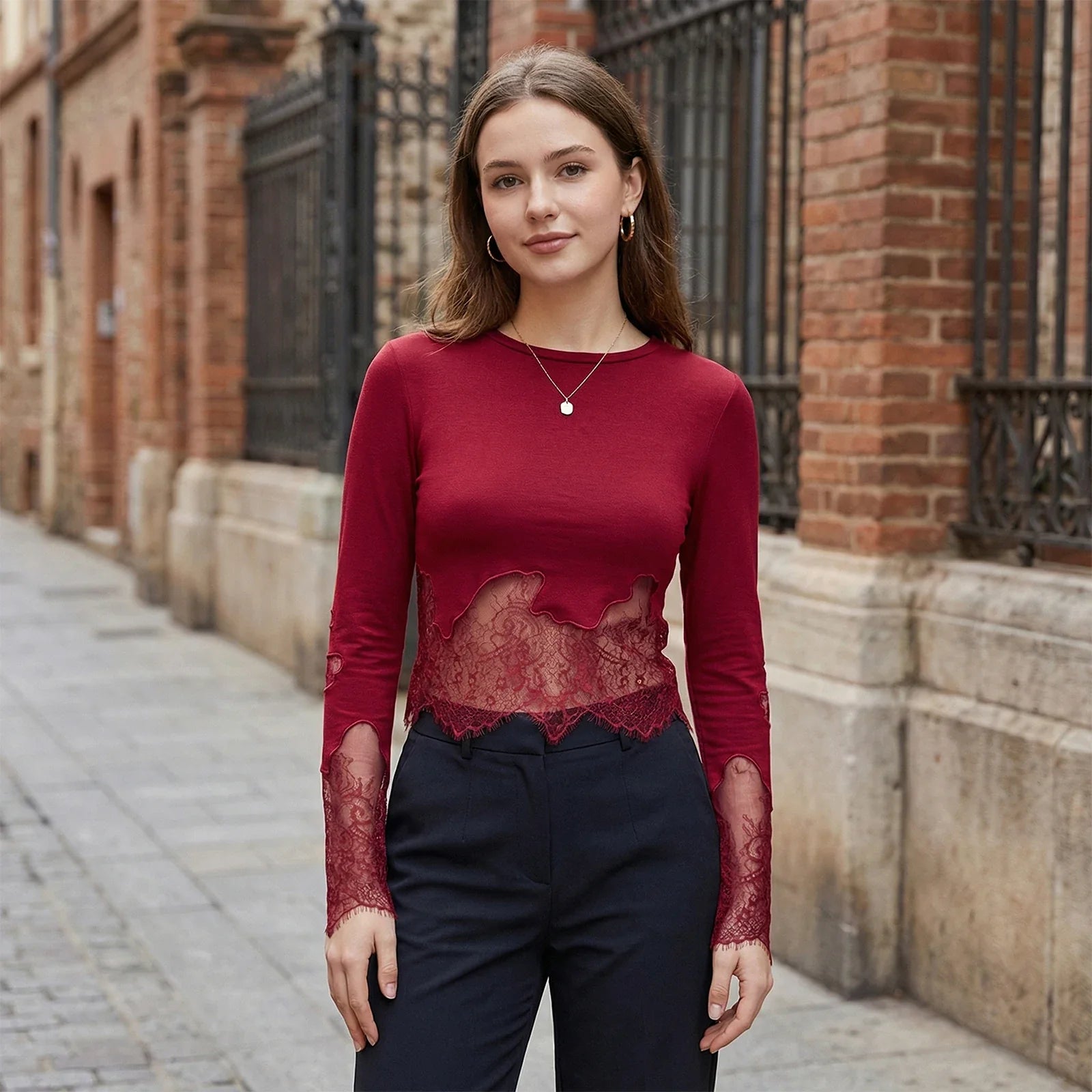 Women's Spring Summer Round Neck Tops Solid Color Long Sleeve Slim Fit Party Lace Patchwork T-shirts