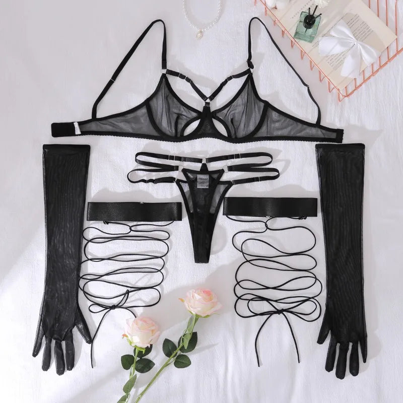 Toucheart Sexy Mesh Lingerie Split Kit with Gloves Steel Ring Laceup Patchwork Skinny See-through Hollow Interesting Private Set