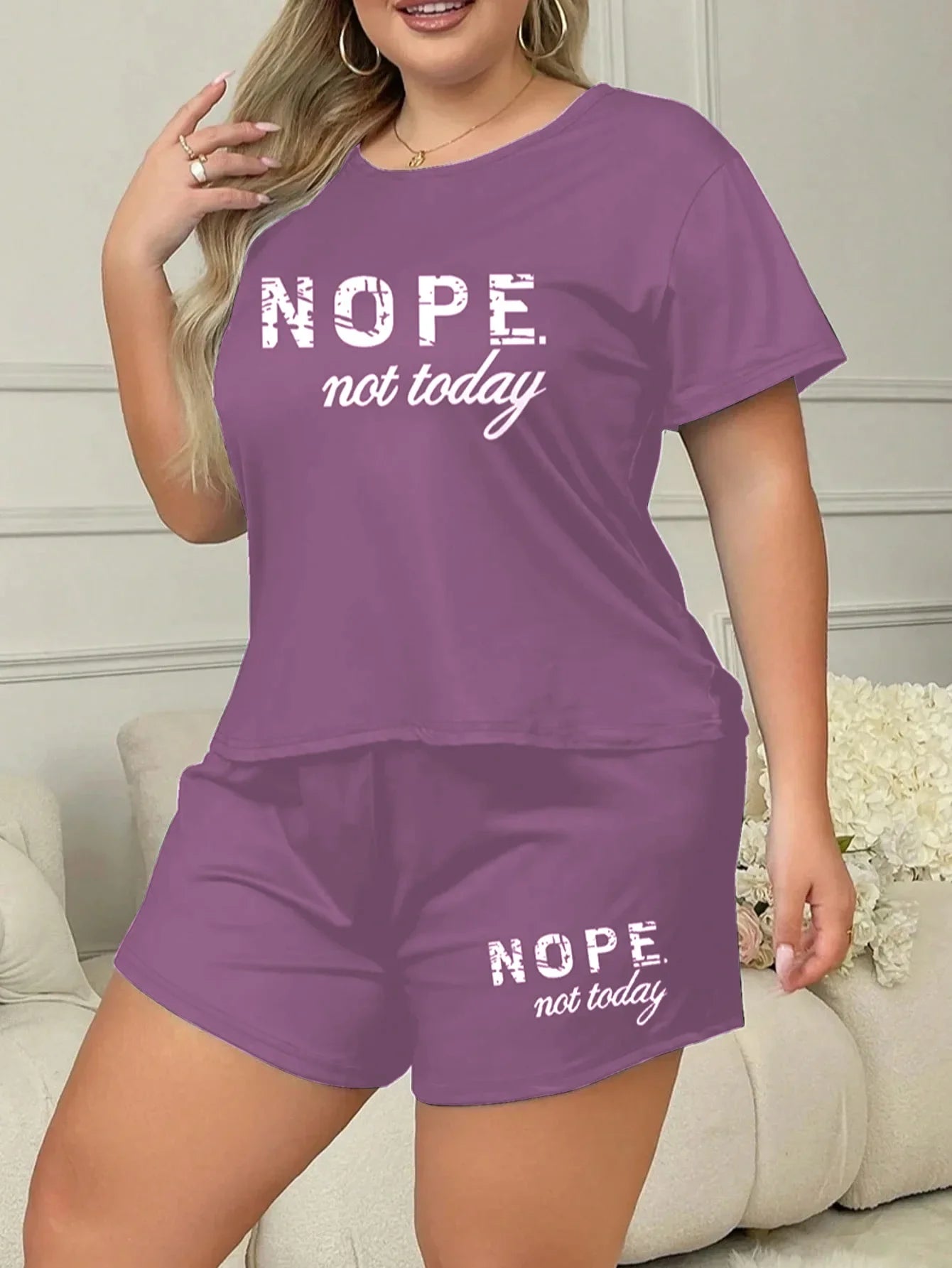 Plus Size 3XL 4XL 5XL Casual Loungewear Letters Print Pajamas Set Women's Short Sleeve Tee And Elastic Shorts Homewear