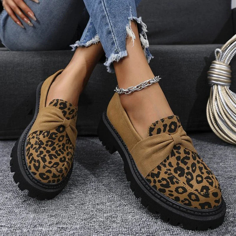 Leopard Faux Suede Loafers Shoes for Women Plus Size Platform Shoes Woman Bowknot Decoration Slip On Casual Shoes Mujer
