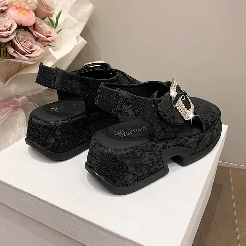 Fashion Crystal Buckle Platform Sandals Women Pink Embroidery Thick Heels Sandalias Mujer Comfortable Heightened Rome Sandals