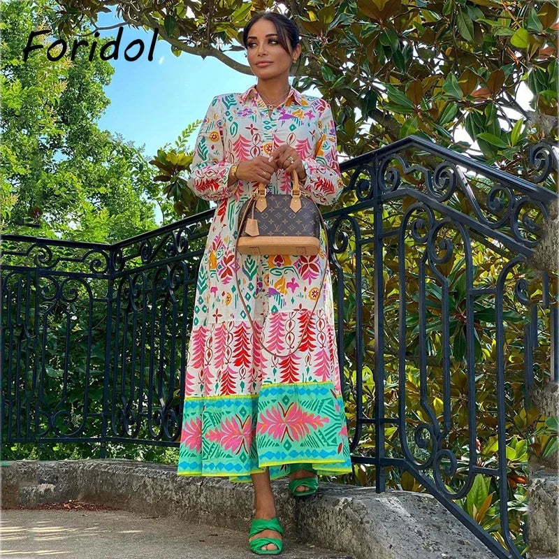 Foridol Floral Print Casual Boho Shirt Dress Maxi Long Autumn Winter Long Sleeve Dress Vestidos 2025 Button Up Dress
