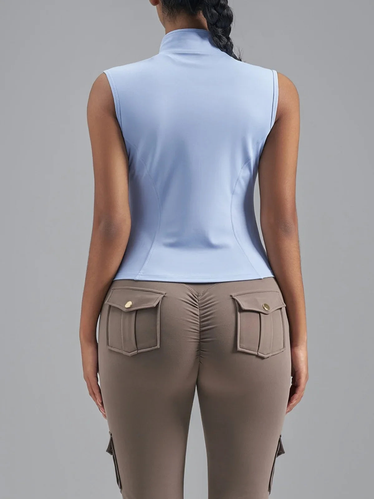 Women Zipper Yoga Shirts Solid Stand Up Collar Elastic Slim Fit Sports Jacket Breathable Sleeveless Sunscreen Workout Clothes