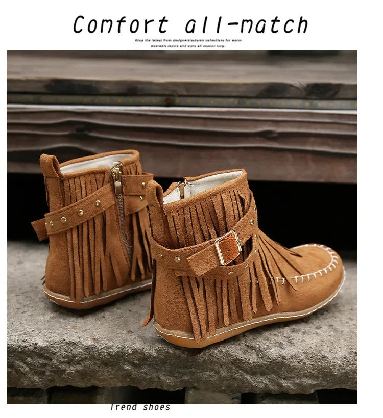 Vintage Women Boots Suede Ankle Boots Fringe Women Shoes Winter Boots Women Side Zipper Casual Shoes Ladies Snow Boot