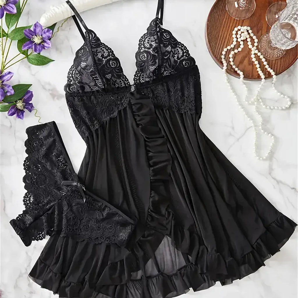 Elegant Transparent Red Lingerie Women's Underwear Sleepwear Lace Nightdress Panty Pijamas Sets Female Babydoll