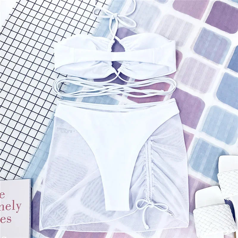 Wrap Around with Mesh Sarong Skirt Bikini Female Swimsuit Women Swimwear Three-pieces Bikini Set Beachwear Bathing Suit Swim