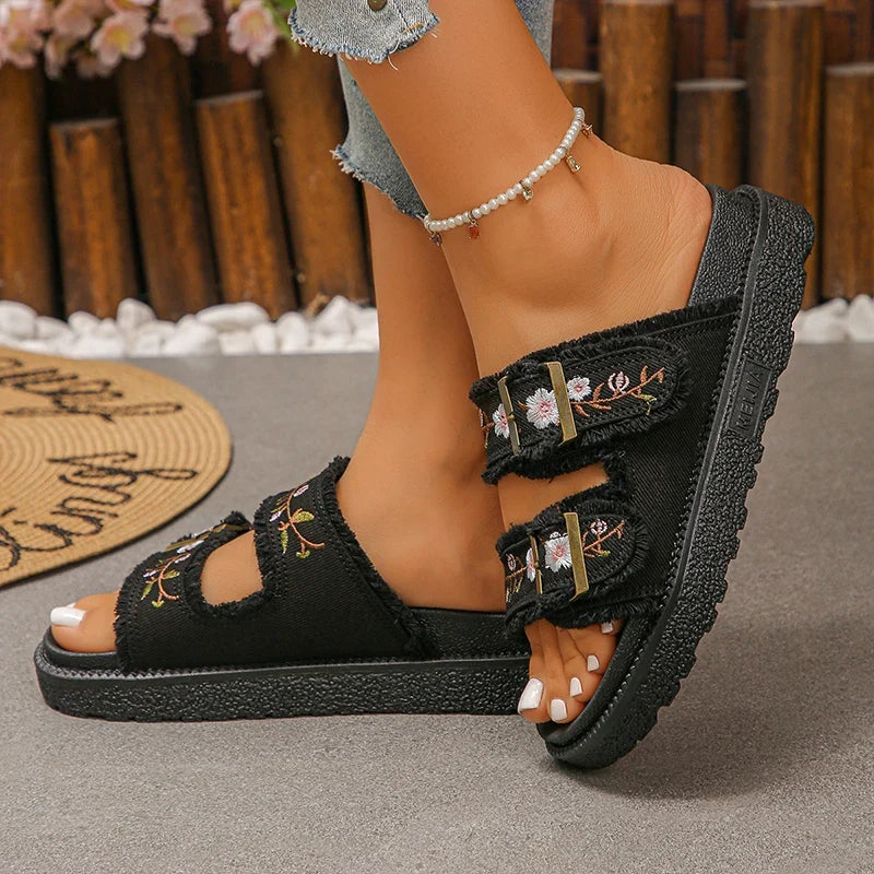 2026 New Flowers Embroidery Platform Slippers Women Fashion Denim Thick Bottom Sandles Woman Plus Size 43 Non Slip Beach Sandals