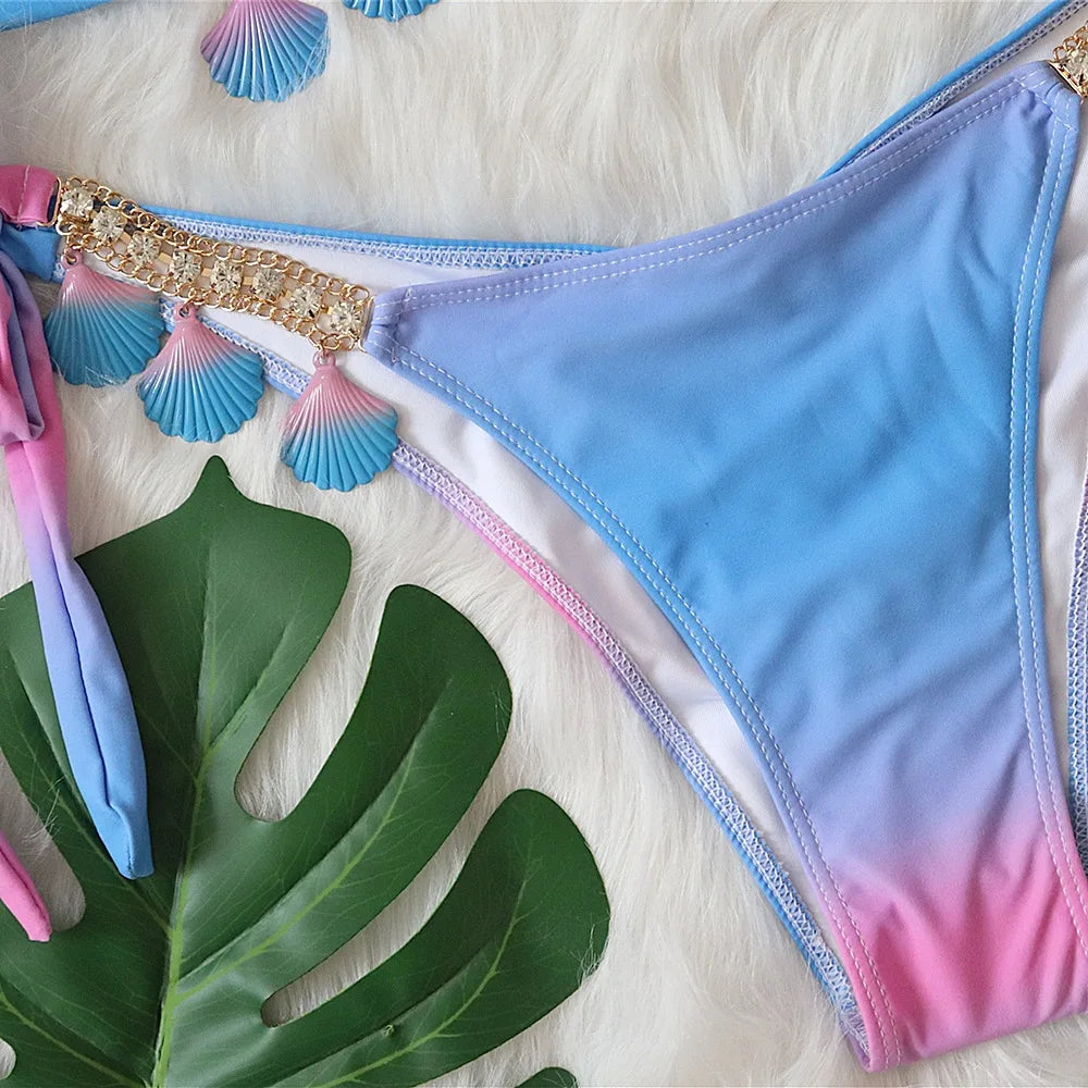 DEKA Shell Bikinis Sexy Swimsuit with Rhinestones Criss Cross Bikini Set Women Pink Push Up Bathing Suit Diamond Thong Swimwear