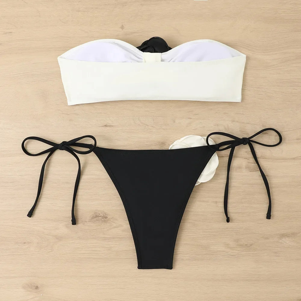 Sexy Bikini Set 2025 Bandeau 3D Flower White Black Contrast Push Up Micro Swimsuit Brazilian Cut Out Bathing Suit Thong Swimwear