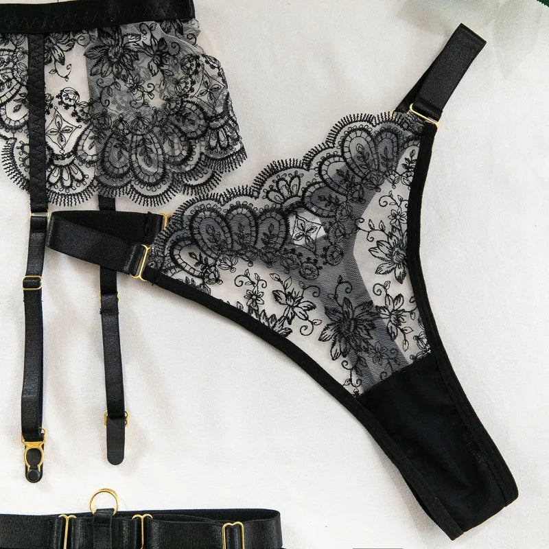 Toucheart 5 Piece Sexy Embroidery Underwear Set for Women Mesh Patchwork See-through Halter Underwear Garters Sexy Lingerie Set