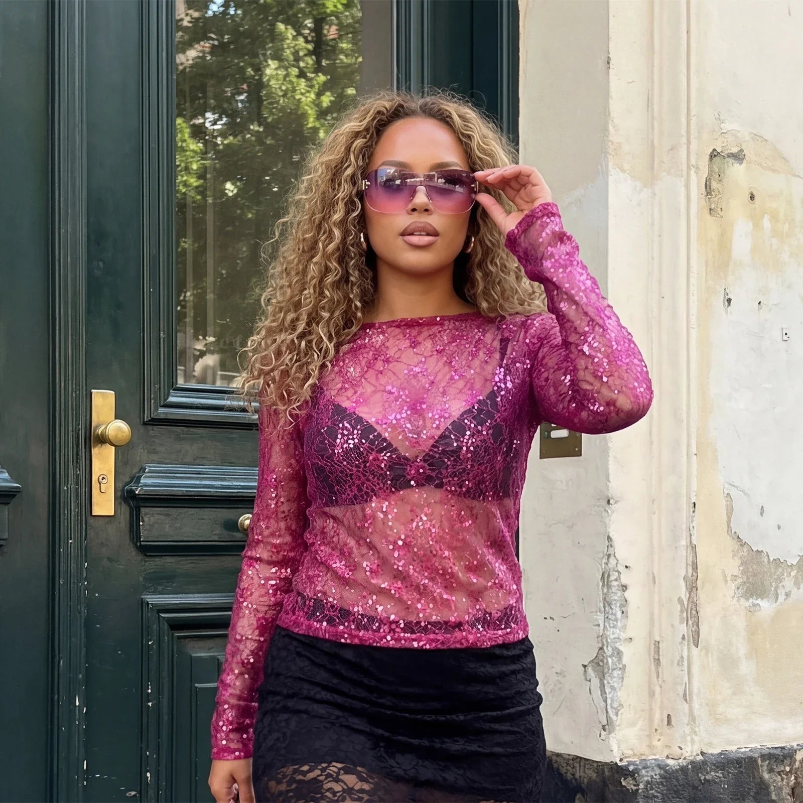 Women Spring Summer Solid Color Slim Sheer T-shirts Long Sleeve Crew Neck Shiny See-through Lace Tops Clubwear