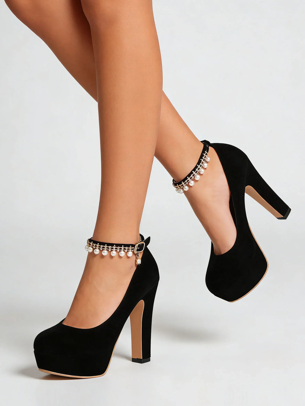 2026 Big Size 33-43 Classic Black Office Lady Beading Ankle Strap Platform Pumps Elegant Red 12cm Party High Heels Shoes Women