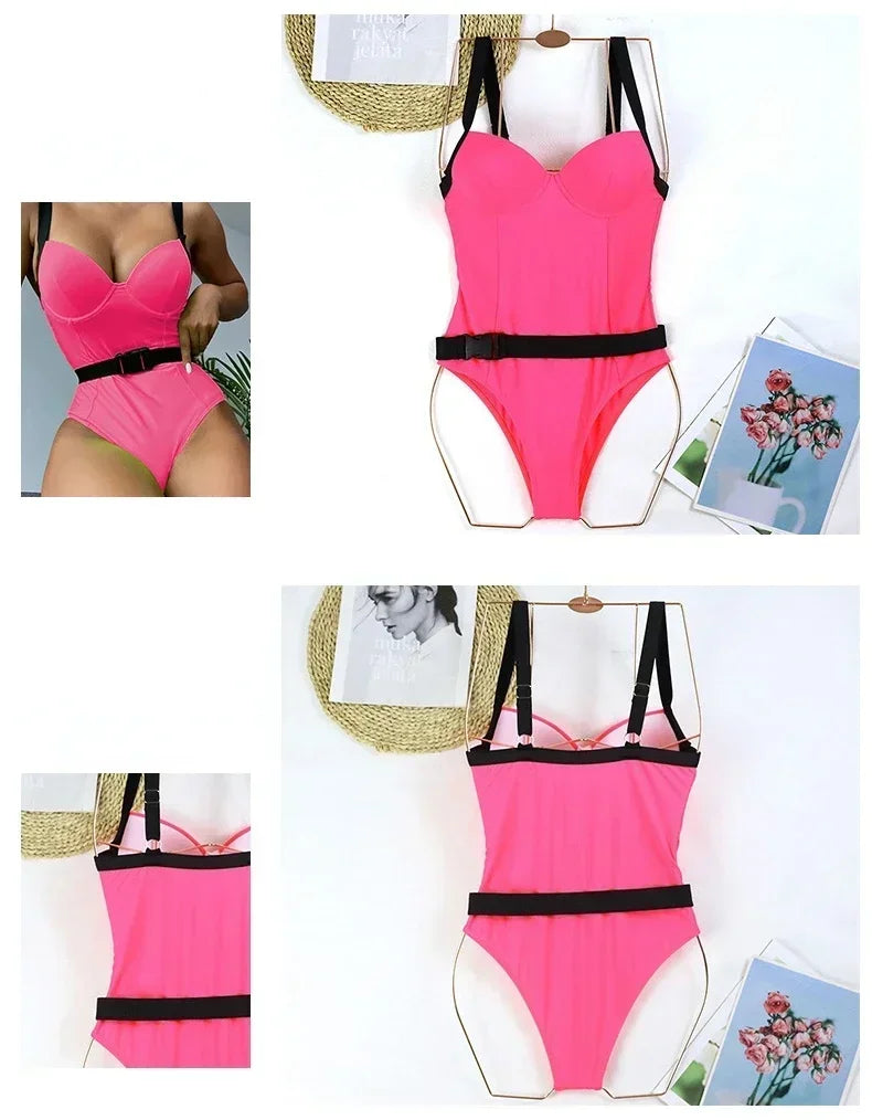 2026 New One Piece Swimsuit Swimwear Women Sexy Push Up Solid Bathing Suit Beachwear with Removable Belt Costumi Da Bagno Donna