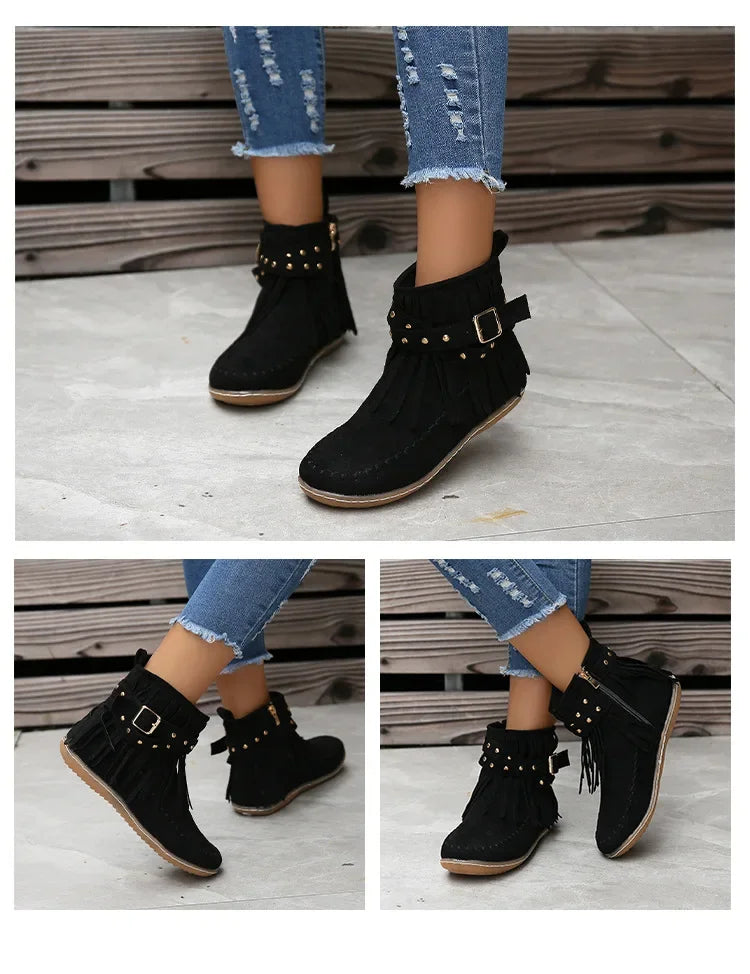 Vintage Women Boots Suede Ankle Boots Fringe Women Shoes Winter Boots Women Side Zipper Casual Shoes Ladies Snow Boot