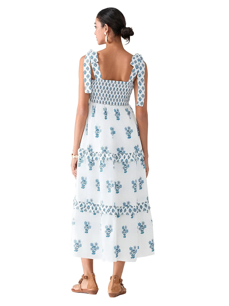 Flower Print Tie Strap Swing Dress Women A-Line Square Neck Tiered Ruffled Summer Bohemian Beach Long Tank Dress