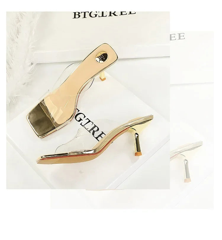 BIGTREE Sexy Silver PVC Transparent Crystal Womens Slippers 2026 Summer Square Toe Thin High Heels Sandals Ladies Shoes