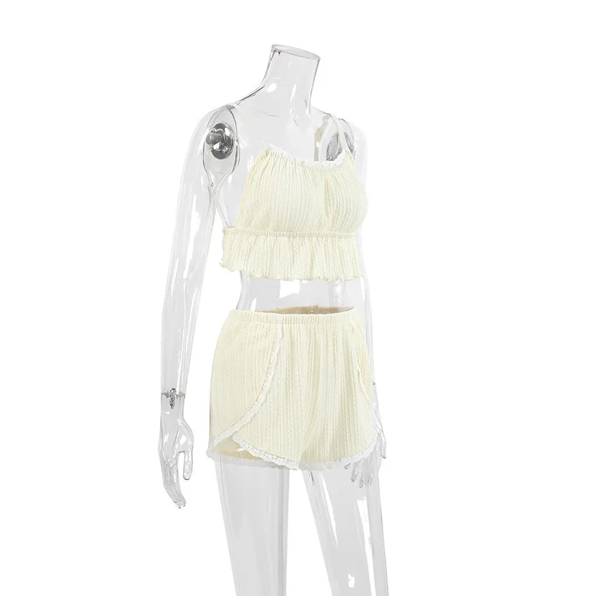 Lace Trim Ruffle Hem U-Neck Strap Cable Textured Cami & Casual Shorts Loungewear Summer Pajamas Set Women Sleepwear