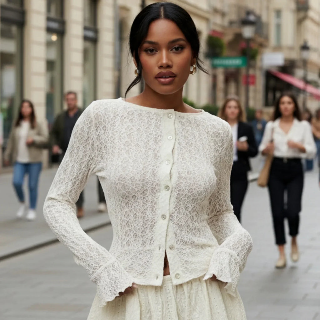 Solid Color Long Sleeve Going Out Lace Top Women Sheer Tops Elegant Round Neck Slim Fit White Textured Button Up T-shirts