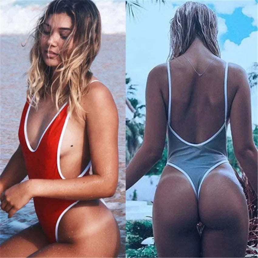 2025 Deep V Neck Thong Swimwear Women One Piece Swimsuit Female Trikini High Cut Monokini Backless Bathing Suit Swim Bodysuit