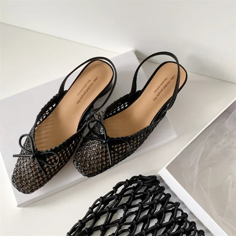 Woven Bow Back Strap Design Sandals Women's Summer New Square Head Shallow Mouth Single Shoe Comfortable Elegant Cool Pumps