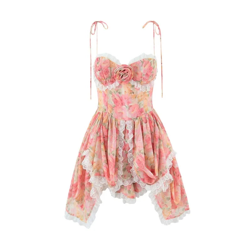 Vietnamese Blogger's Lace Trimmed Patchwork Hem Irregular Strap Dress For Women Waist-cinching Back-tie Short Dress Elegant 0M5S