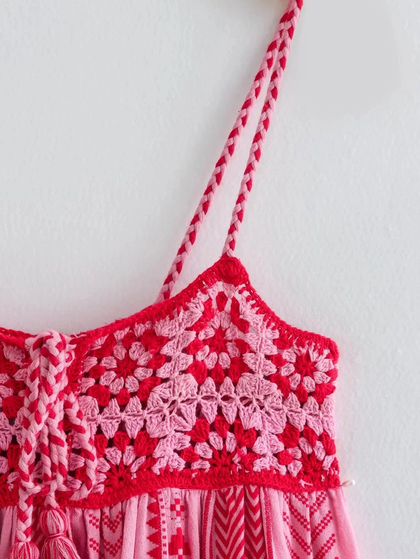 Foridol Crochet Bohemian Summer Dress for Women Spaghetti Strap Red Vintage Tassel Beach Dress Maxi Long Casual Sundress Autumn
