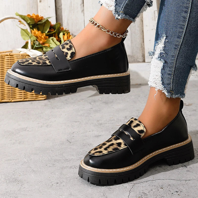 Fashion Leopard Print Platform Loafers Women Plus Size 43 Slip On Pu Leather Shoes Woman Comfort Thick Bottom Office Work Shoes