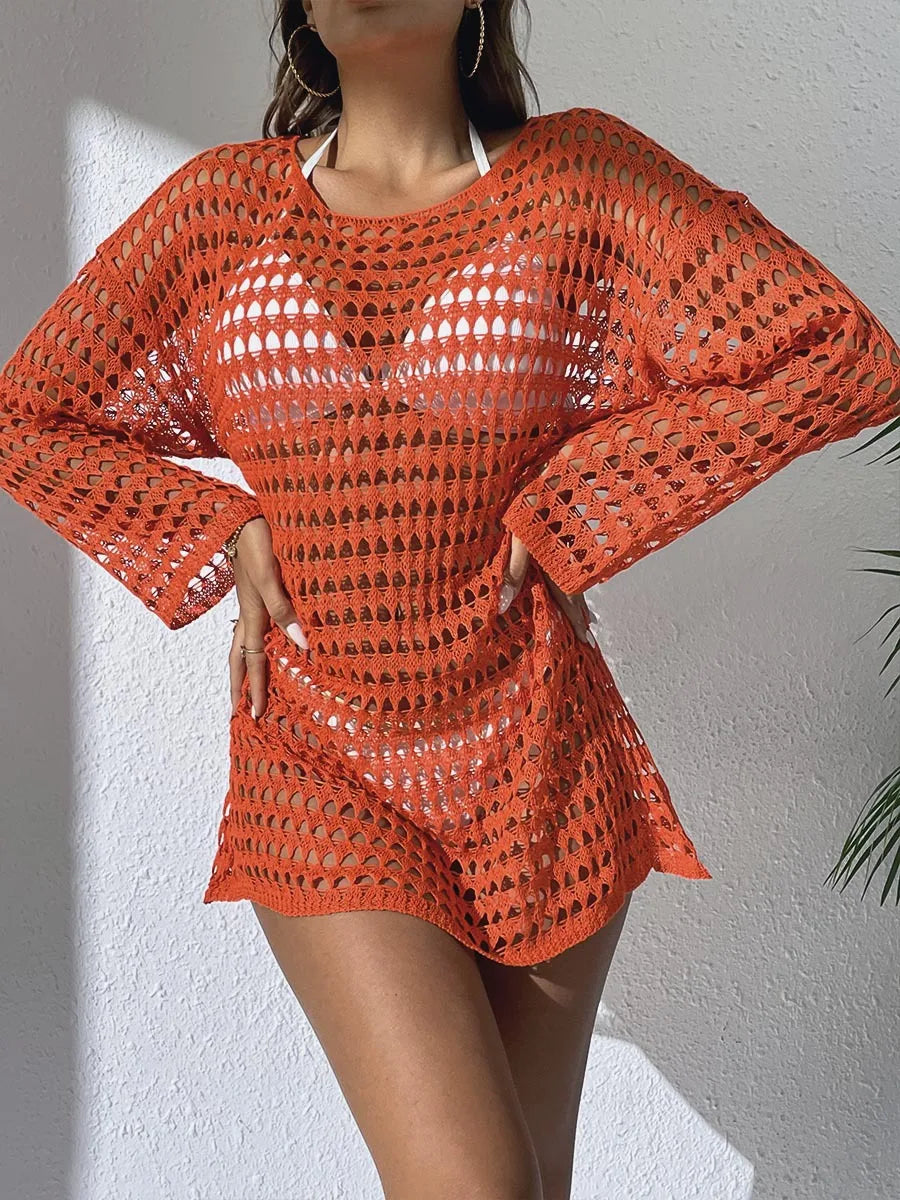 Womens Beach Cover Up Knit Solid Color Long Sleeve Dress Sexy Slim-Fit Beachwear Cover Up Beach Holiday Sun Protection Clothing
