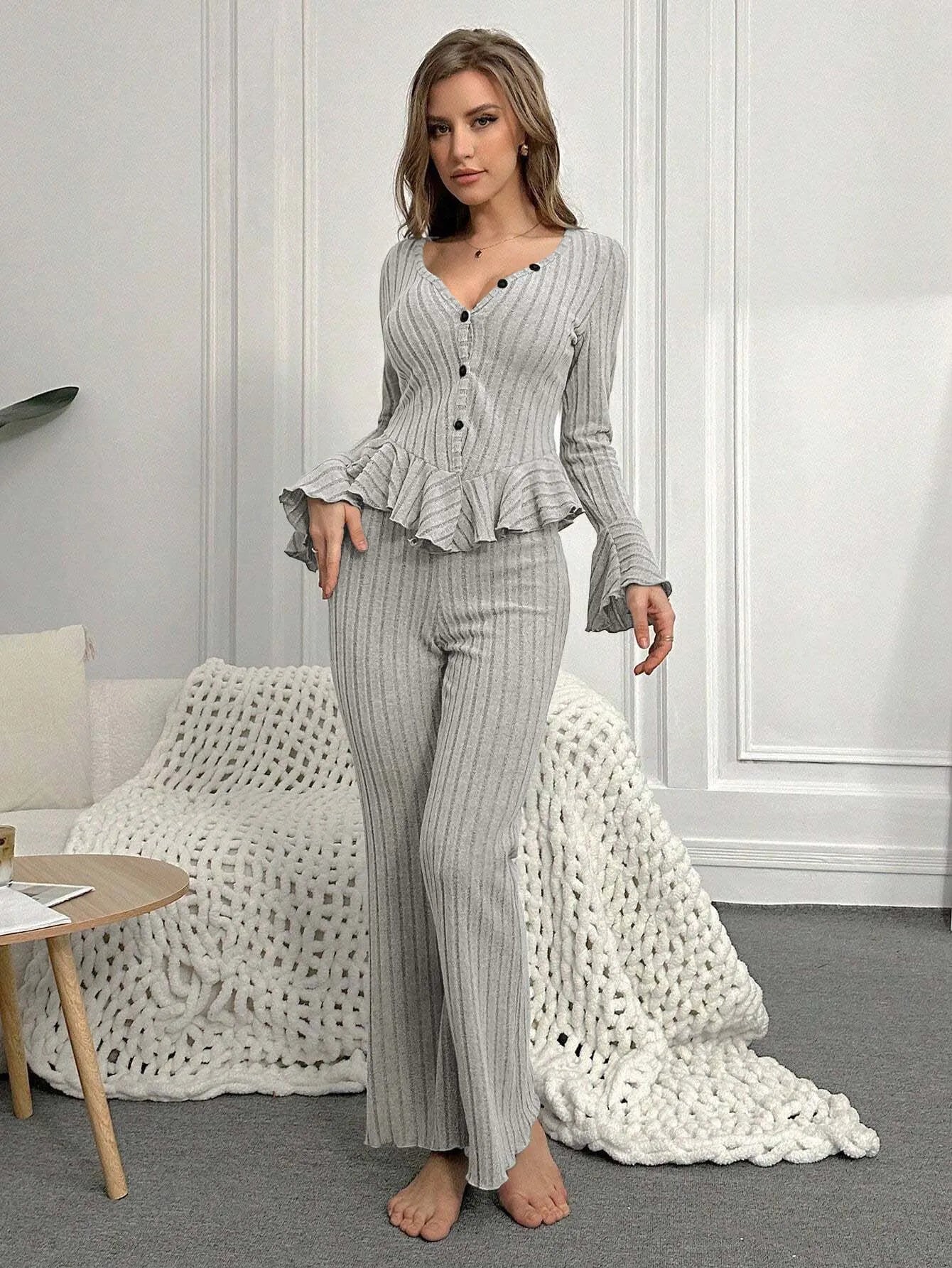 Autumn Winter Two Pieces Pajamas Sets Women Sleepwear Sexy V Neck Long Sleeve Tops and Trousers Set Loungewear Home Clothes