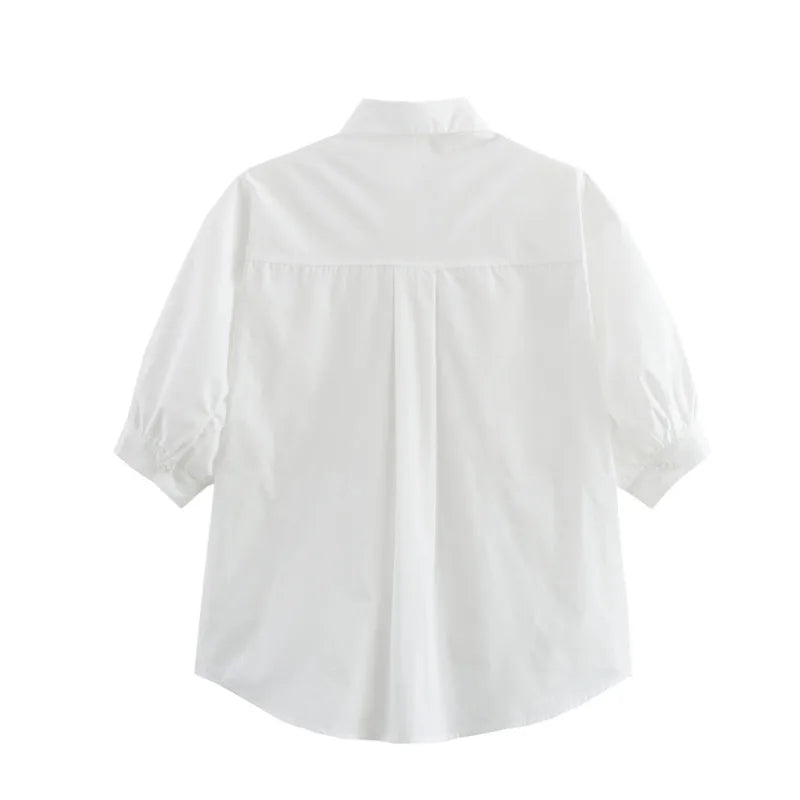 Women's Fashion Casual White Short Sleeve Shirt White Cotton Button Shirt Lapel Collar Half Sleeve Loose Fit Casual Blouse 8GDK