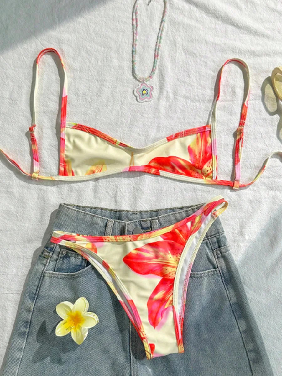 XS - XL Flowers Printed High Cut Bikini Women Swimsuit Female Swimwear Two-pieces Bikini Set Bather Bathing Suit Swim Beachwear