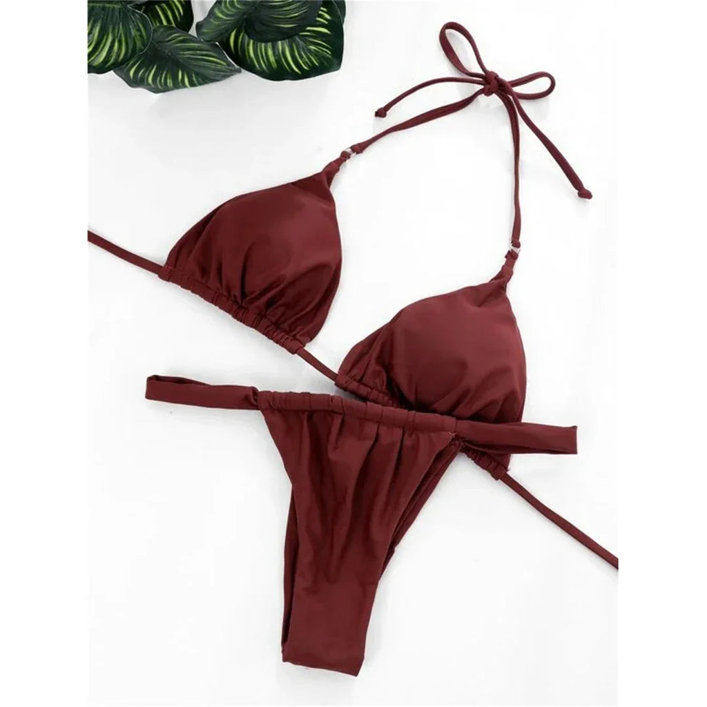 Wrinkled High Cut Mini Micro Thong Bikini Women Swimwear Female Swimsuit Two-pieces Bikini Set Halter Bather Bathing Suit Swim