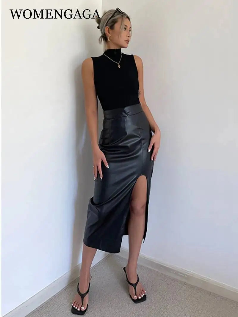 WOMENGAGA High Waist Slim Side Split PU Leather Skirt For Women Spring/Summer Irregular Split One Step Skirt Mid Length 761R