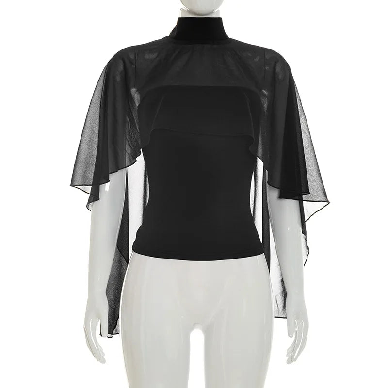 FDYOUI Woman Black Corset with Cover-ups 2-piece Sets Chic Sexy Hollow Out Evening Party Tops Female Blouses Shirts High Street