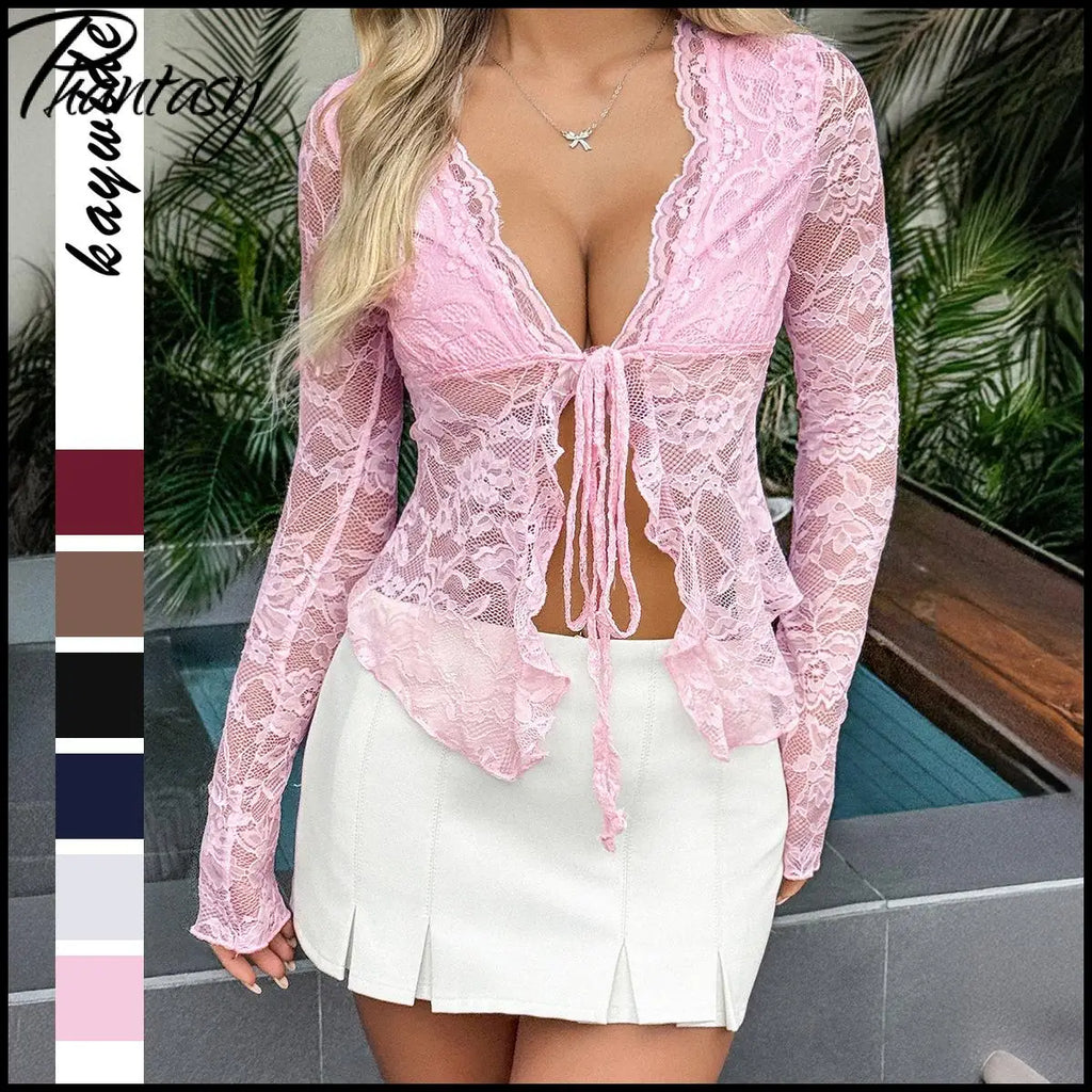Y2K Spice Girls Style Long-Sleeve T-Shirt Lace-Up Sheer V-neck Sweet girl Top Spring Summer Vacation Beach Female Dress up