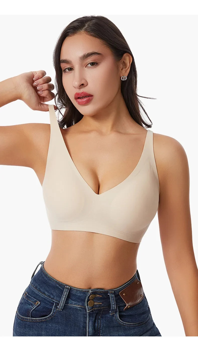 Women's Deep V Jelly Seamless Bra Wire-Free 3D Soft Support Thin Molding Leopard Print Solid Color Comfortable Bra Underwear