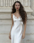 Women's Fashion Casual Style Satin Ice Silk Strap V-Neck Dress Pure Desire Dress Elegant White Satin Lace Trim Dress Party 6TFA